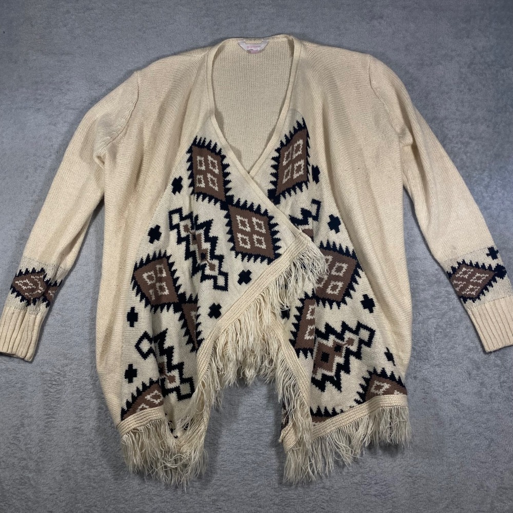 No Boundaries Cardigan Women Large L Cream Southwestern Fringe‎ Open Front Knit